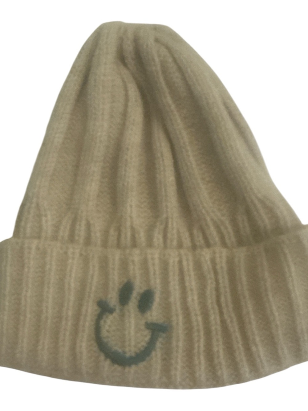 MiniOlie Beanie Baby Boy Girl Tan Rib Knit Hat with Smile Face One Size Stretchy